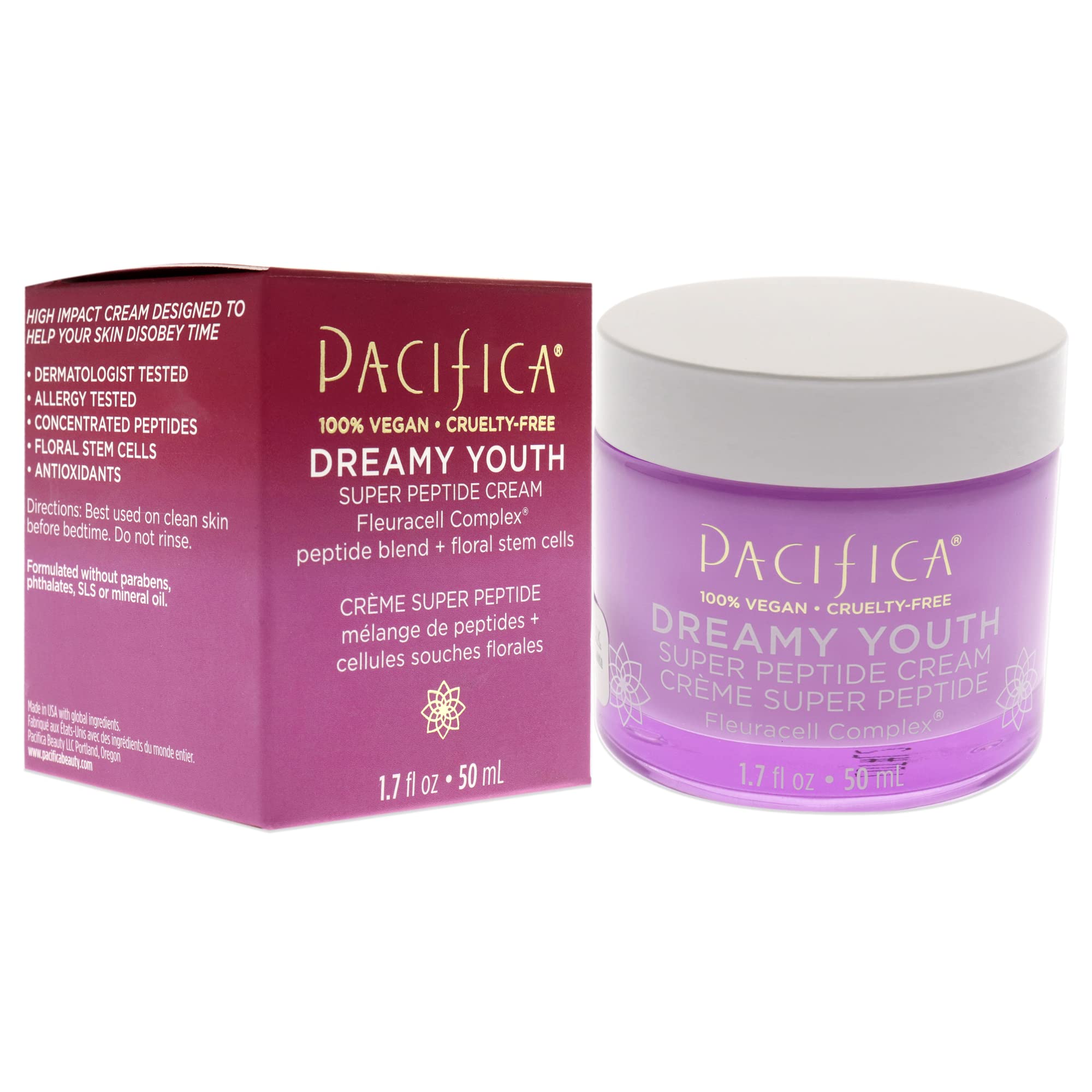 Pacifica Beauty, Dreamy Youth Super Peptide Daily Facial Cream, Moisturizer, Made with Floral Stem Cells & Peptides, For All and Aging Skin Types, Silicone Free, Clean Skin Care, Vegan + Cruelty Free